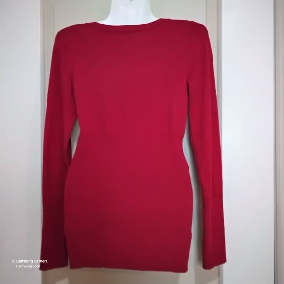 Guess Lipstick Red Ribbed Knik Long Sleeve Pullover Rhinestone Logo Sweater M - Picture 3 of 4